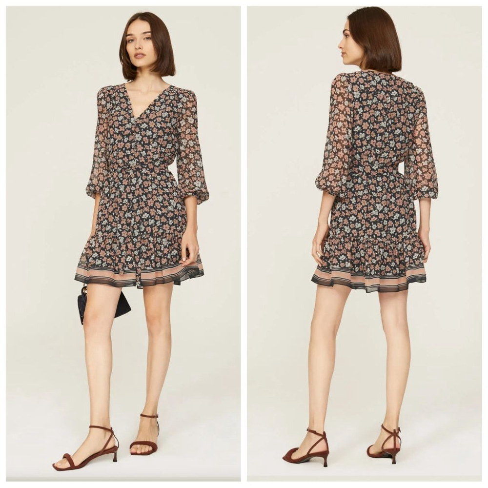 Club Monaco Womens Silk Floral Dress Size 6 Black Peach NWOT No Belt